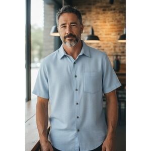 Island Republic Blue 100% Silk Shirt Men M Coastal Textured Button Up Palm Tree